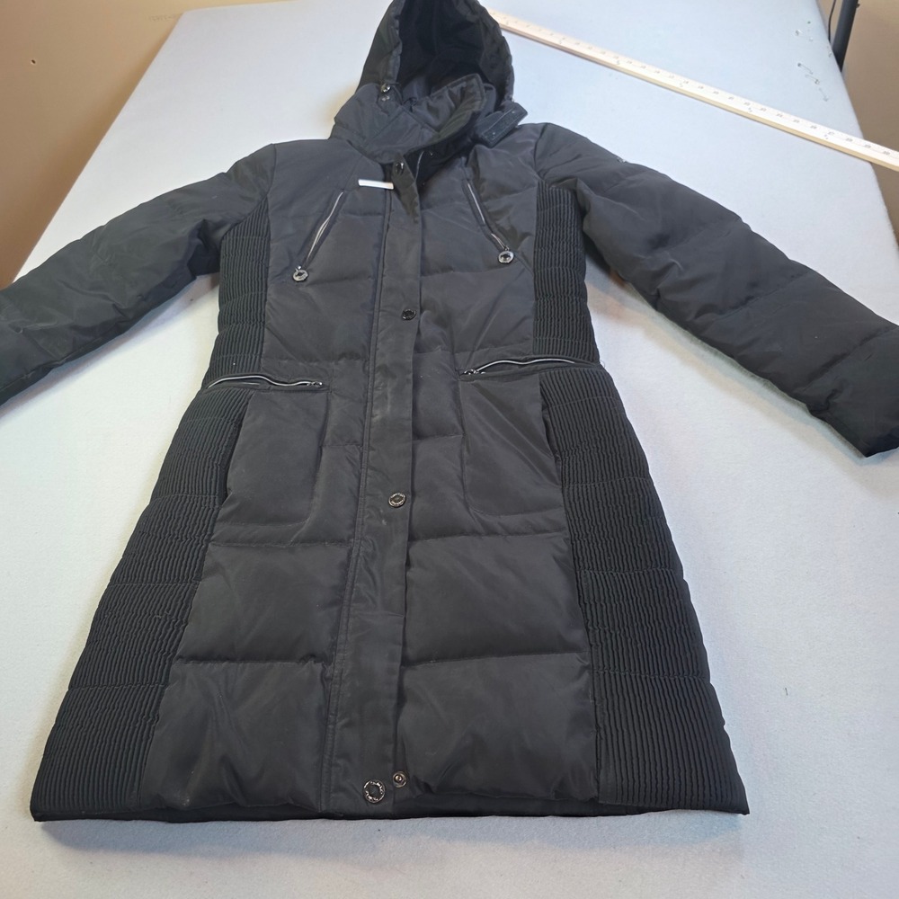 Calvin Klein Womens Black Quilted Long Puffer Coat Hooded Parka XS